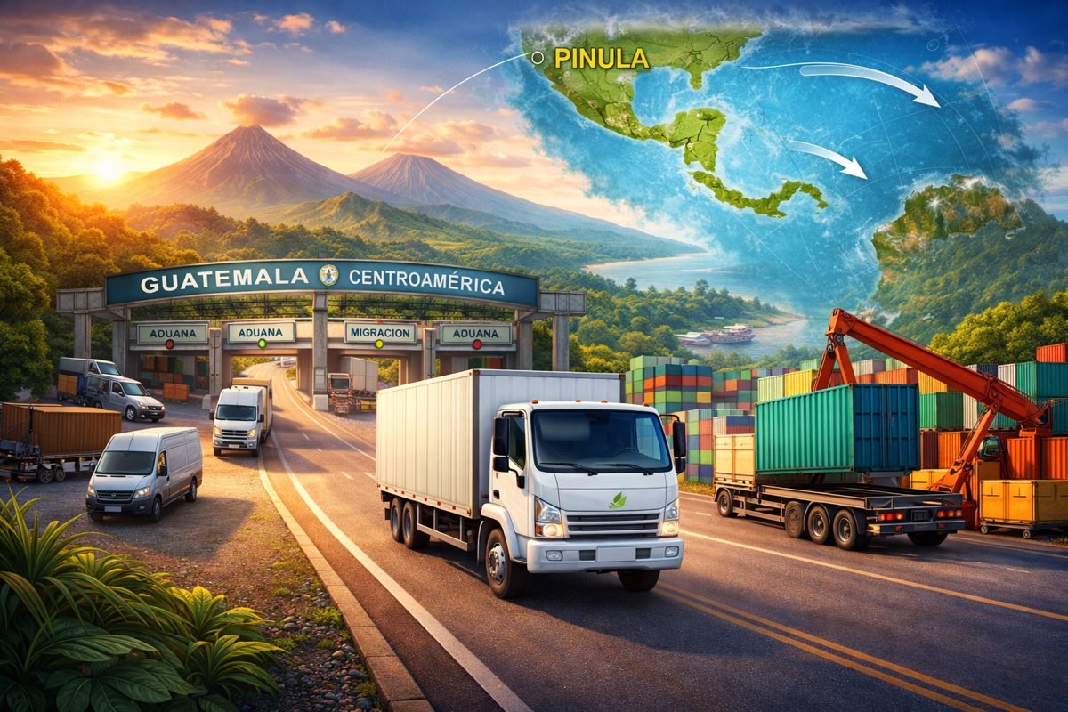 Camión de carga de Transportes Pinula en ruta por Centroamérica con branding corporativo